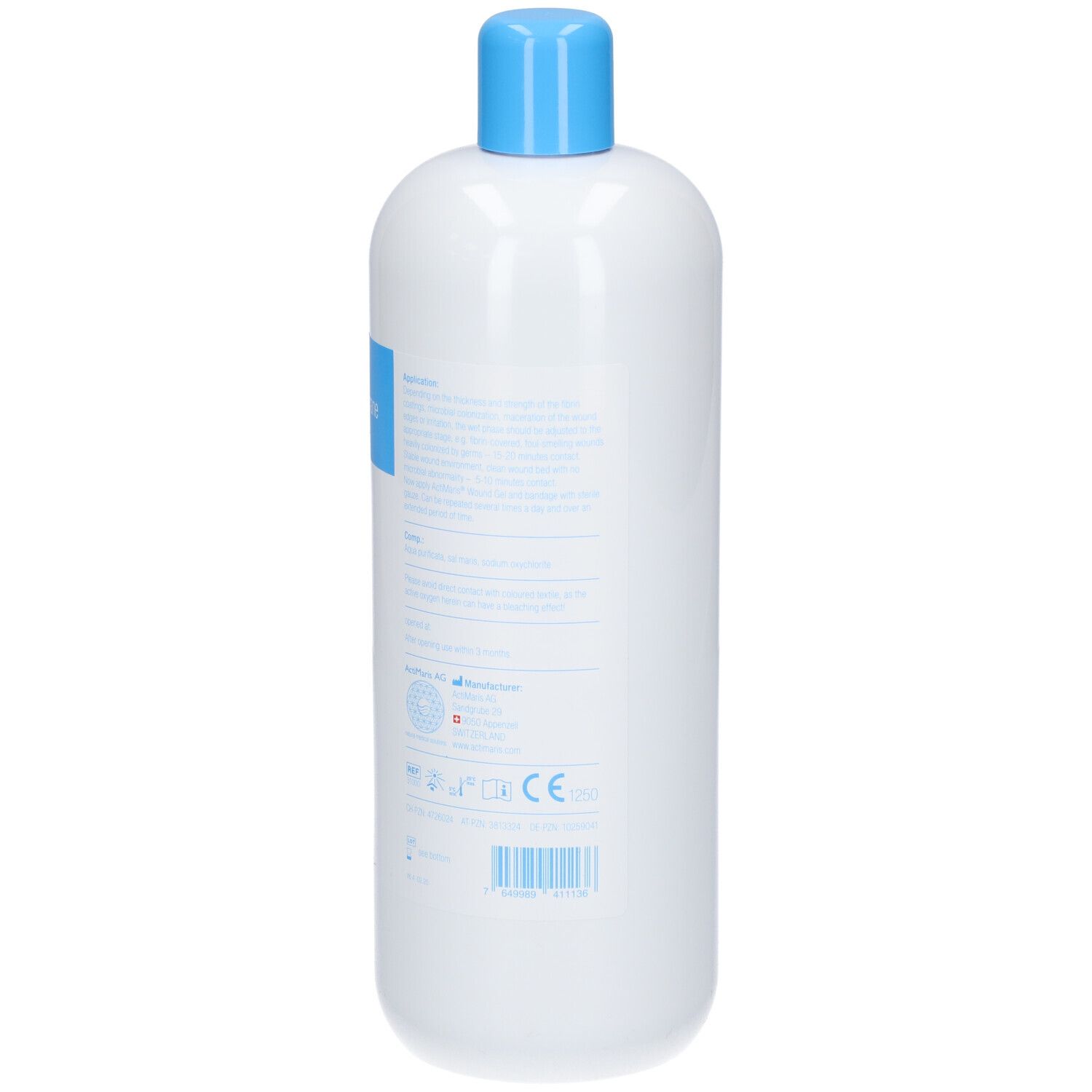 ActiMaris sensitiv. Bouteille blanche avec bouchon bleu. Texte en allemand. 1000ml. Marque CE.