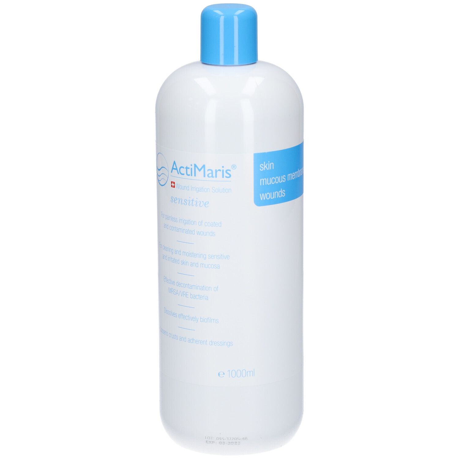 ActiMaris sensitiv. Bouteille blanche avec bouchon bleu. Texte en allemand et anglais. 1000ml.