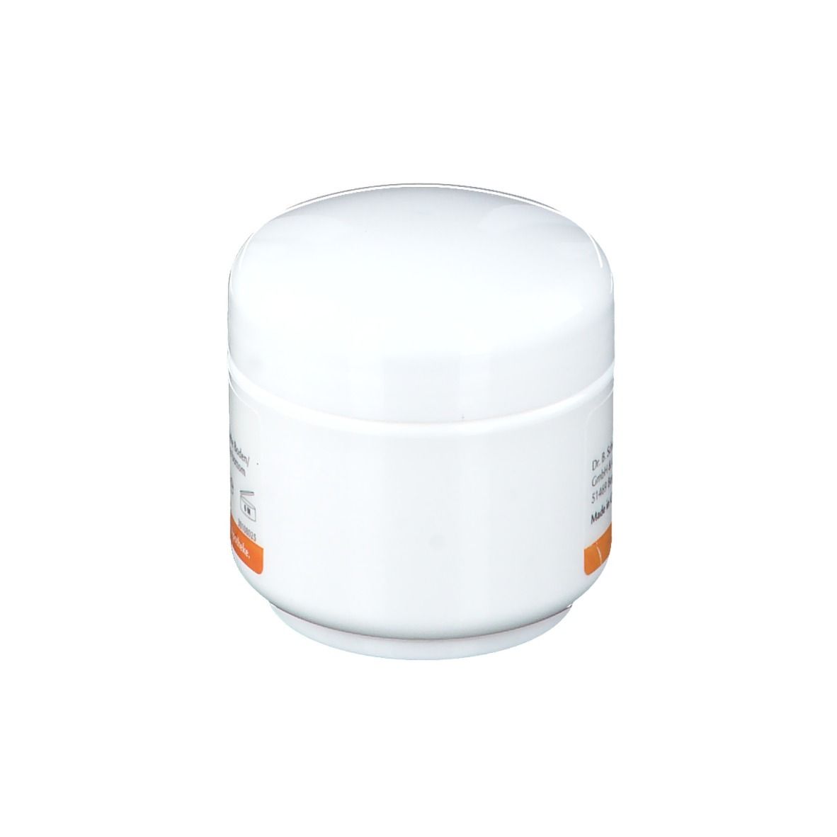 Pot de crème blanc avec couvercle. Bande orange au fond. Aucun autre détail visible.