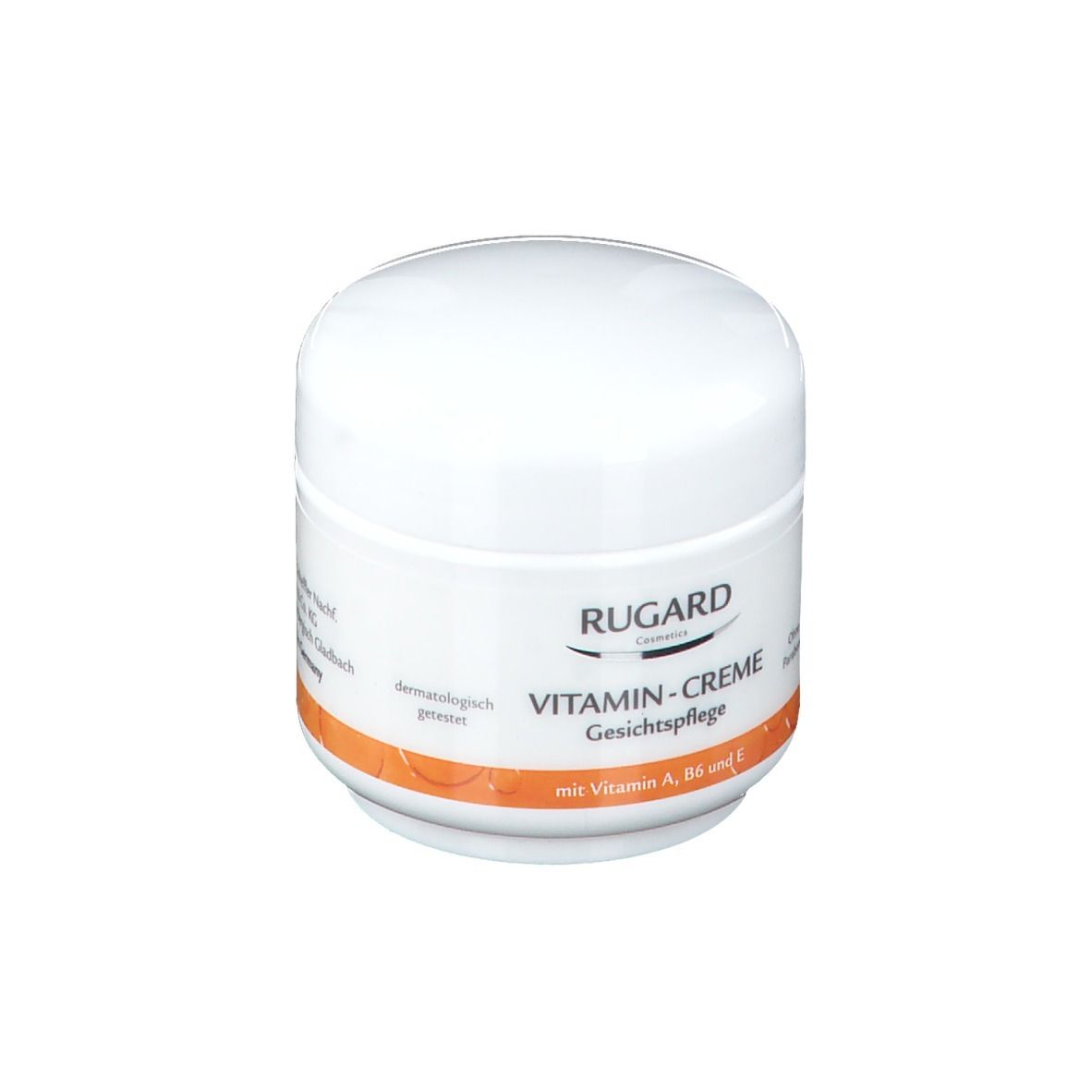 Pot de crème blanc avec couvercle. Bande orange. Texte: Vitamin-Creme Gesichtspflege. Marque: RUGARD. Avec vitamine A, B6 et E.