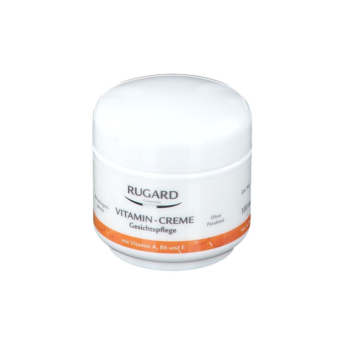 Pot de crème blanc avec couvercle. Bande orange. Texte: Vitamin-Creme Gesichtspflege. Marque: RUGARD. Sans parabènes.