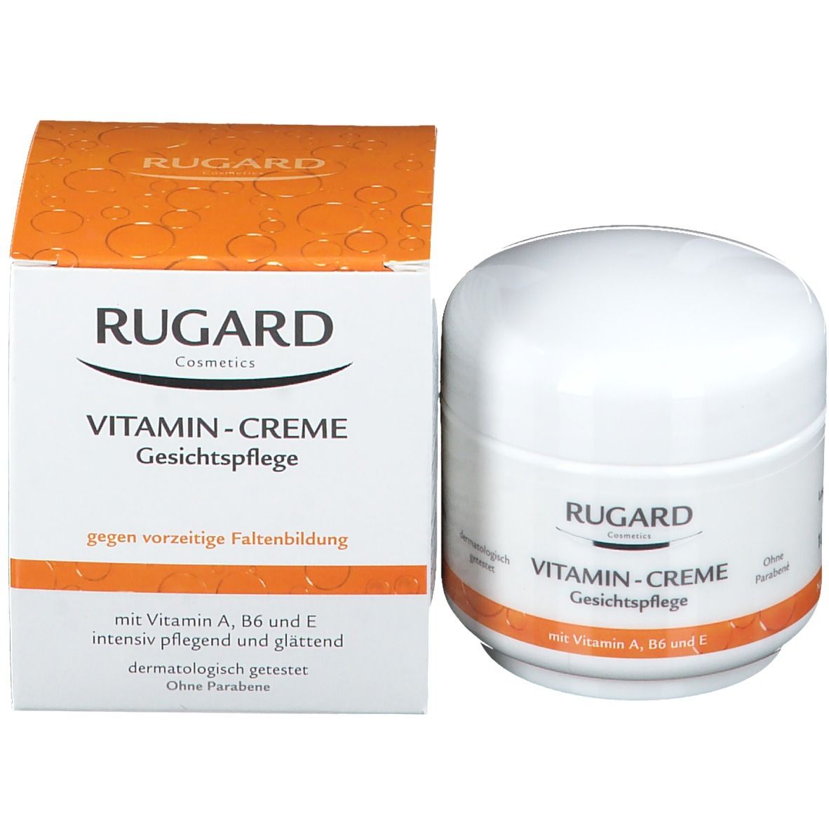 Pot de crème et carton. Pot: Vitamin-Creme Gesichtspflege. Marque: RUGARD. Carton: Orange avec texte. Sans parabènes.
