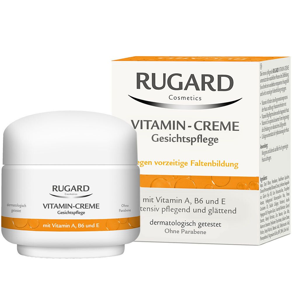 Witte pot RUGARD Vitamin-Creme Gesichtspflege en doos. Opschrift: Vitamin-Creme, met vitamine A, B6 en E. Dermatologisch getest.