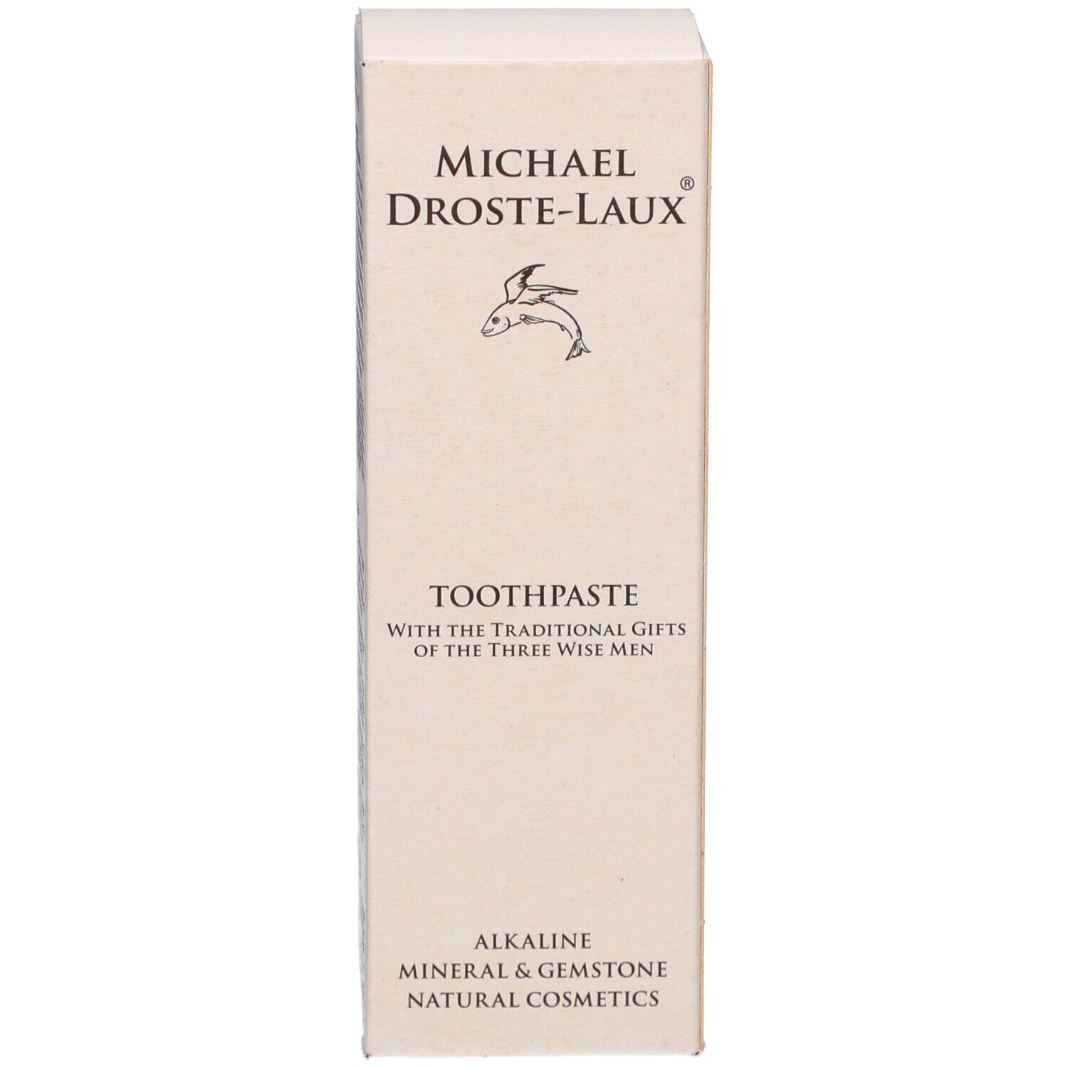 Face avant de la boîte de dentifrice. Marque: Michael Droste-Laux. Texte: Toothpaste. Cosmétiques naturels alcalins minéraux et pierres précieuses.