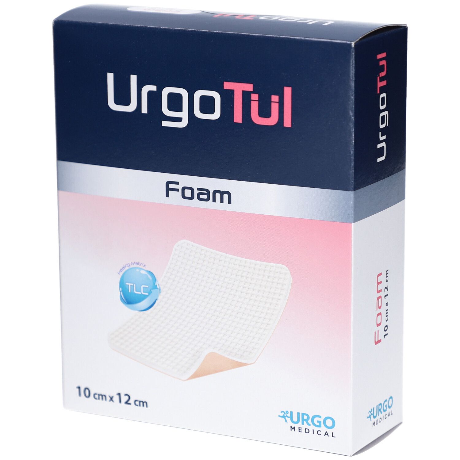 Boîte de UrgoTül Foam. Le nom du produit, la taille et un pansement en mousse sont visibles sur la boîte.