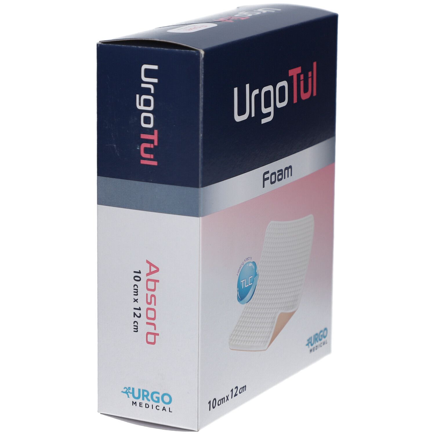 Boîte de UrgoTül Foam. Le nom du produit, la taille et un pansement en mousse sont visibles sur la boîte.