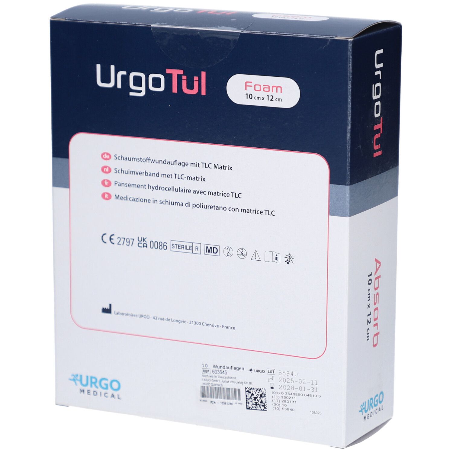 Dos de la boîte UrgoTül Foam. Nom du produit, taille, informations et certifications sont visibles.