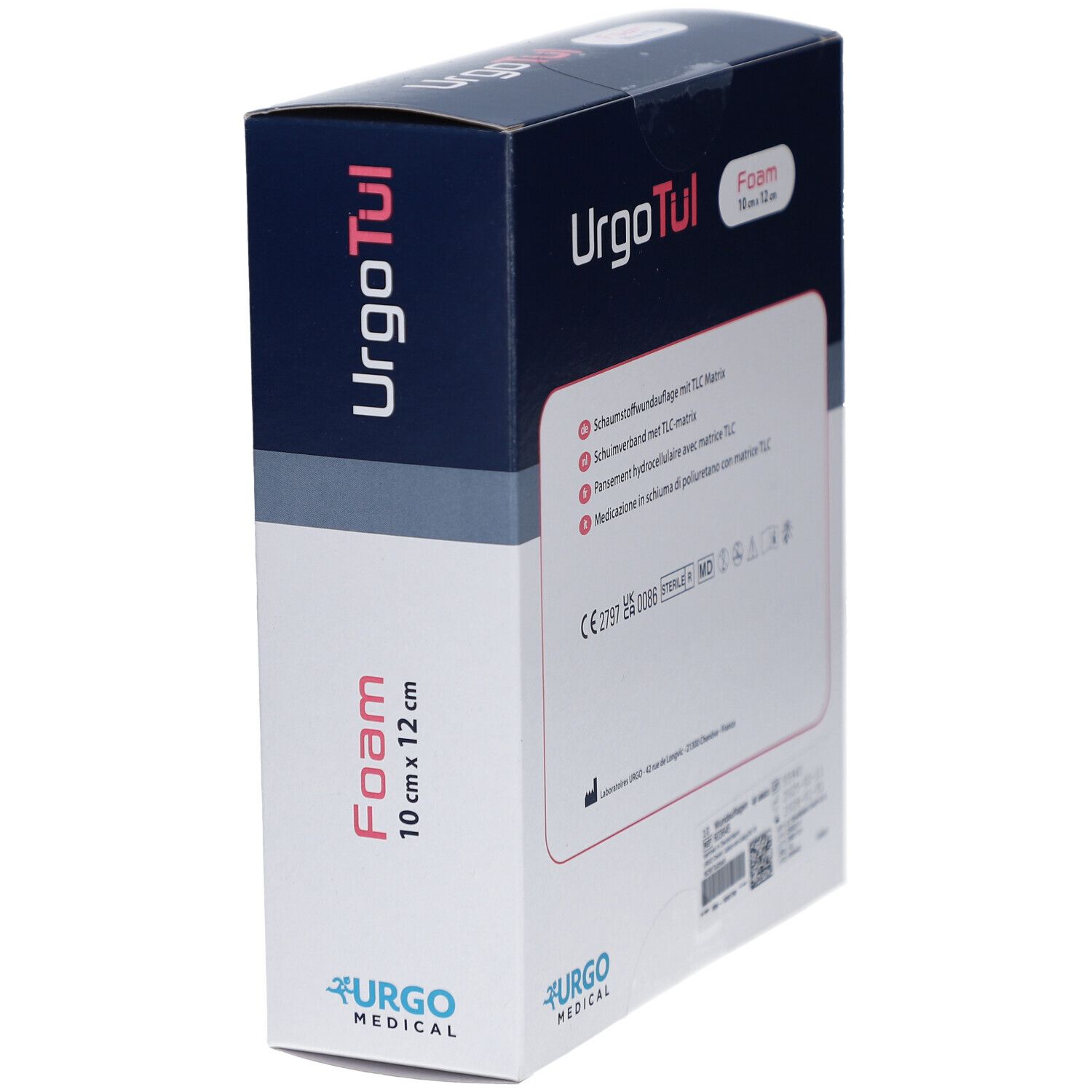 Boîte de UrgoTül Foam. Le nom du produit, la taille et les informations sont visibles sur la boîte.