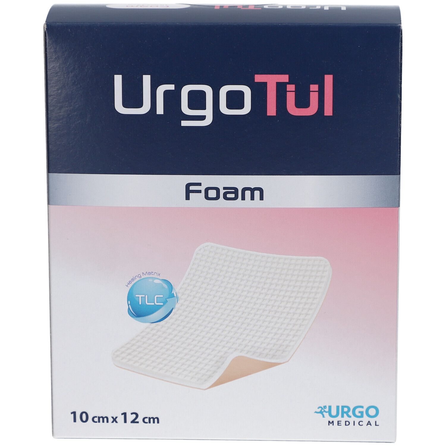 Boîte de UrgoTül Foam. Le nom du produit, la taille et un pansement en mousse sont visibles.