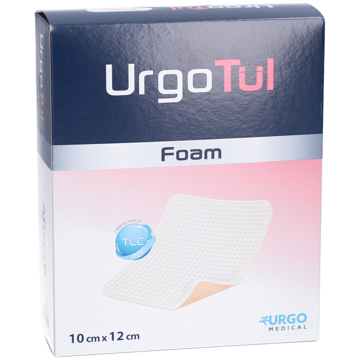 Boîte de UrgoTül Foam. Le nom du produit, la taille et un pansement en mousse sont visibles.