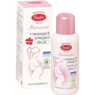 Bouteille et boîte Topfer Mamacare Huile de massage et de soin. Cosmétique naturelle, 98% bio.