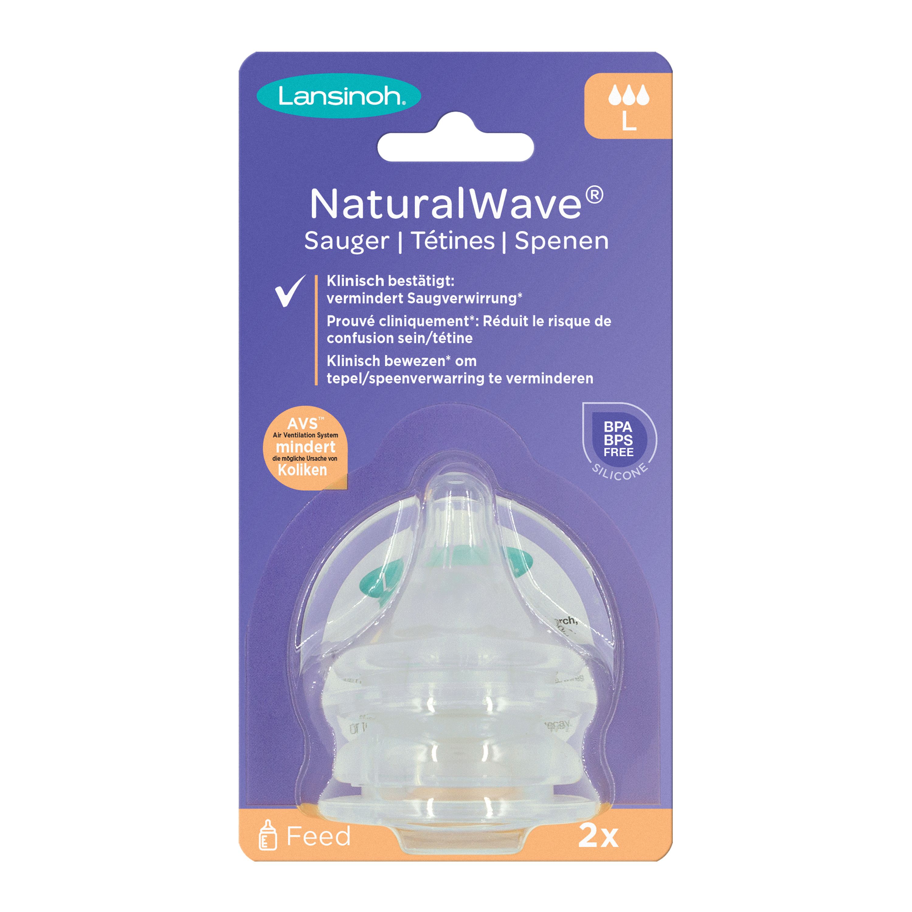 Tétine en silicone L dans son emballage. Marque Lansinoh, NaturalWave. Sans BPA. 2 pièces. Texte : Tétines, Spenen.