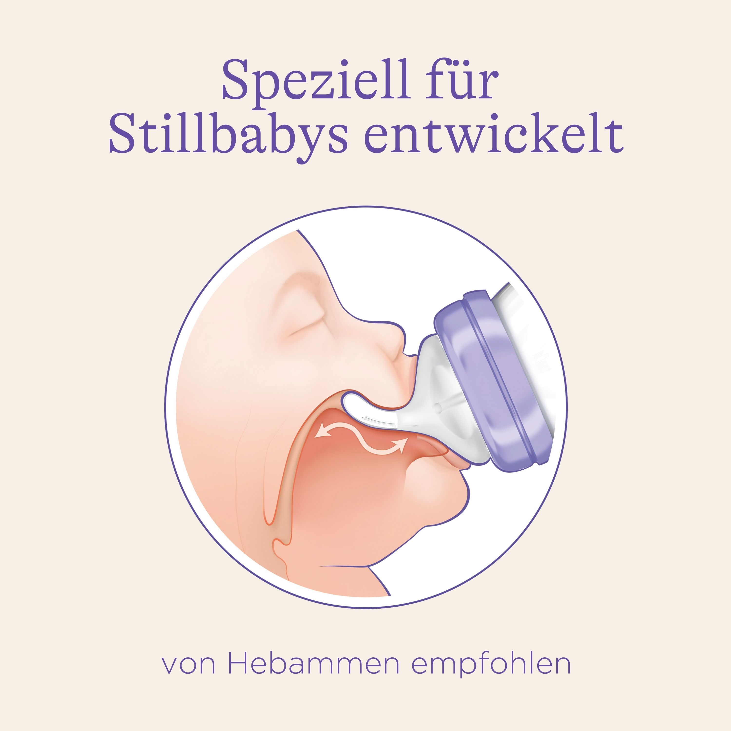 Illustration d'un bébé avec un biberon. Texte : Spécialement conçu pour les bébés allaités, recommandé par les sages-femmes.