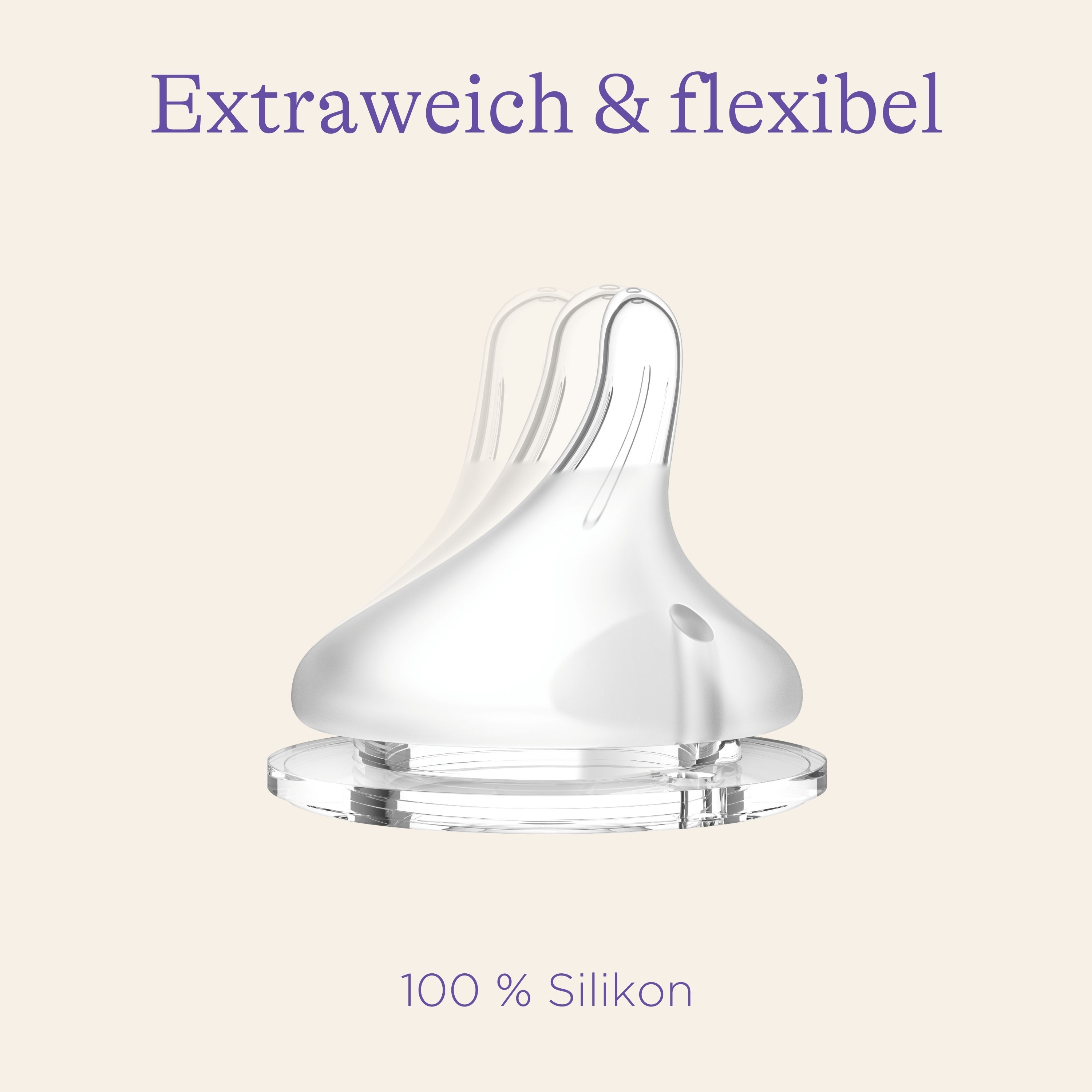 Tétine en silicone. Texte : Extra souple et flexible. 100 % silicone.