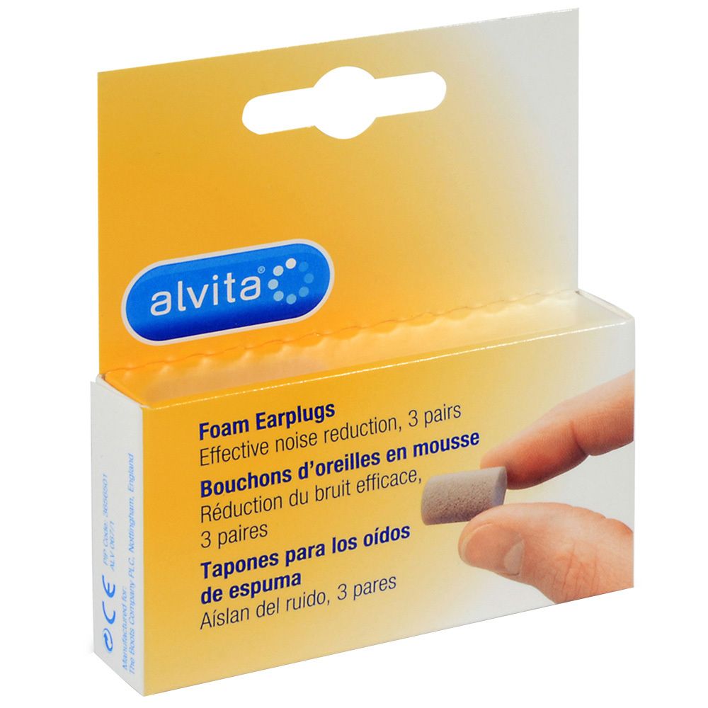 Emballage Alvita Ohrstöpsel Schaumstoff. 3 paires. Un bouchon d'oreille tenu par une main. Emballage jaune et blanc.