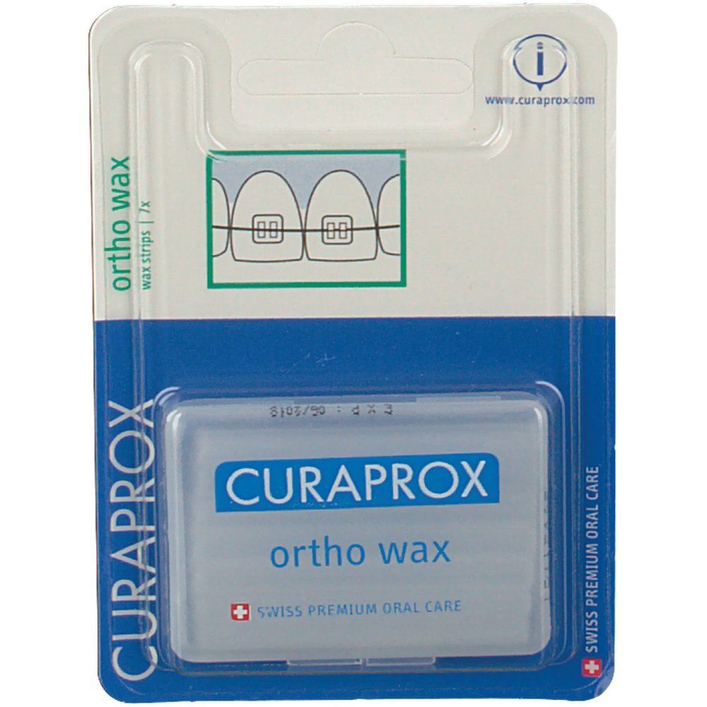 Blisterverpakking met Curaprox ortho wax. Bevat wax strips voor beugels. Blauw en witte verpakking met productlogo.