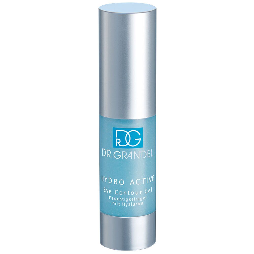 Flacon cylindrique avec étiquette bleue. Inscription: DR. GRANDEL, HYDRO ACTIVE Eye Contour Gel. Bouchon argenté.