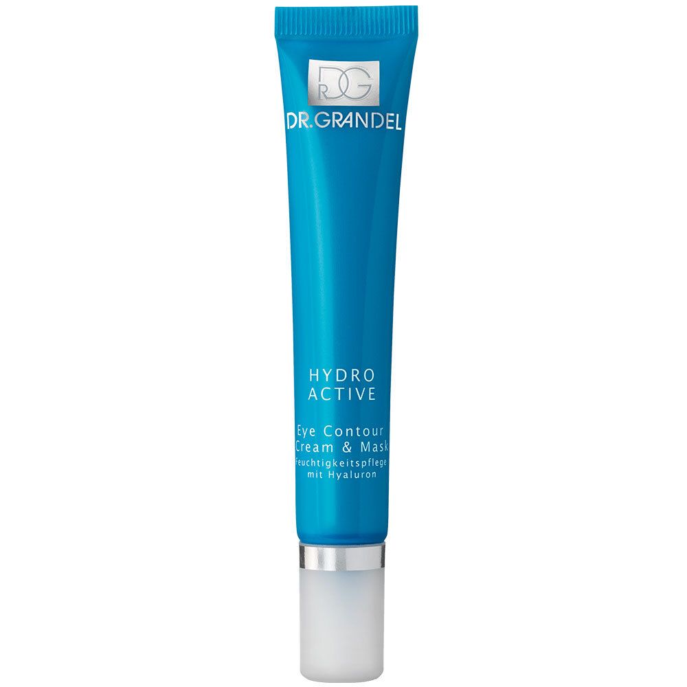 Tube bleu avec bouchon blanc. Inscription: DR. GRANDEL, HYDRO ACTIVE, Eye Contour Cream & Mask.