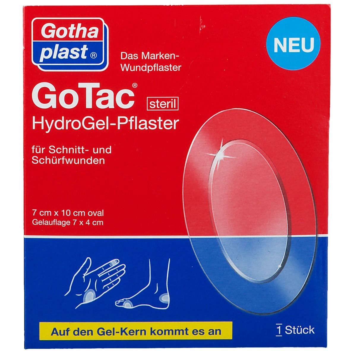 Emballage GoTac HydroGel-Pflaster stérile. Boîte rouge avec nom du produit et pansement ovale. Taille 7 x 10 cm.