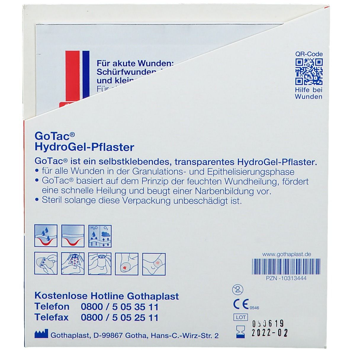 Dos de l'emballage GoTac HydroGel-Pflaster stérile. Texte, code QR et informations sur le produit. Emballage stérile.