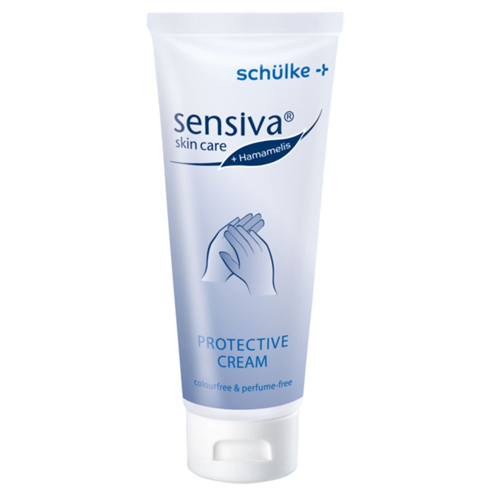 Tube sensiva® crème. Opschrift Protective Cream, kleur- en parfumvrij. Illustratie van handen.