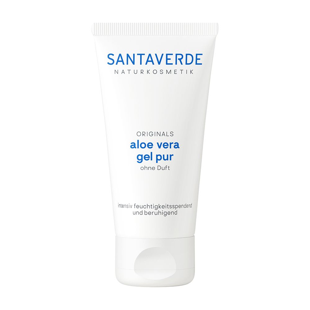 Tube blanche avec logo SANTAVERDE et indication du produit : aloe vera gel pur sans parfum.