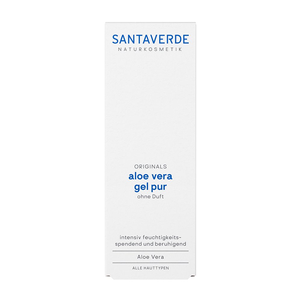Emballage blanc avec logo SANTAVERDE et indication du produit : aloe vera gel pur sans parfum.