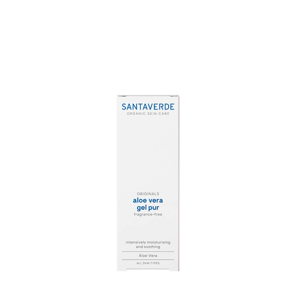 Emballage blanc avec logo SANTAVERDE et indication du produit : aloe vera gel pur sans parfum.
