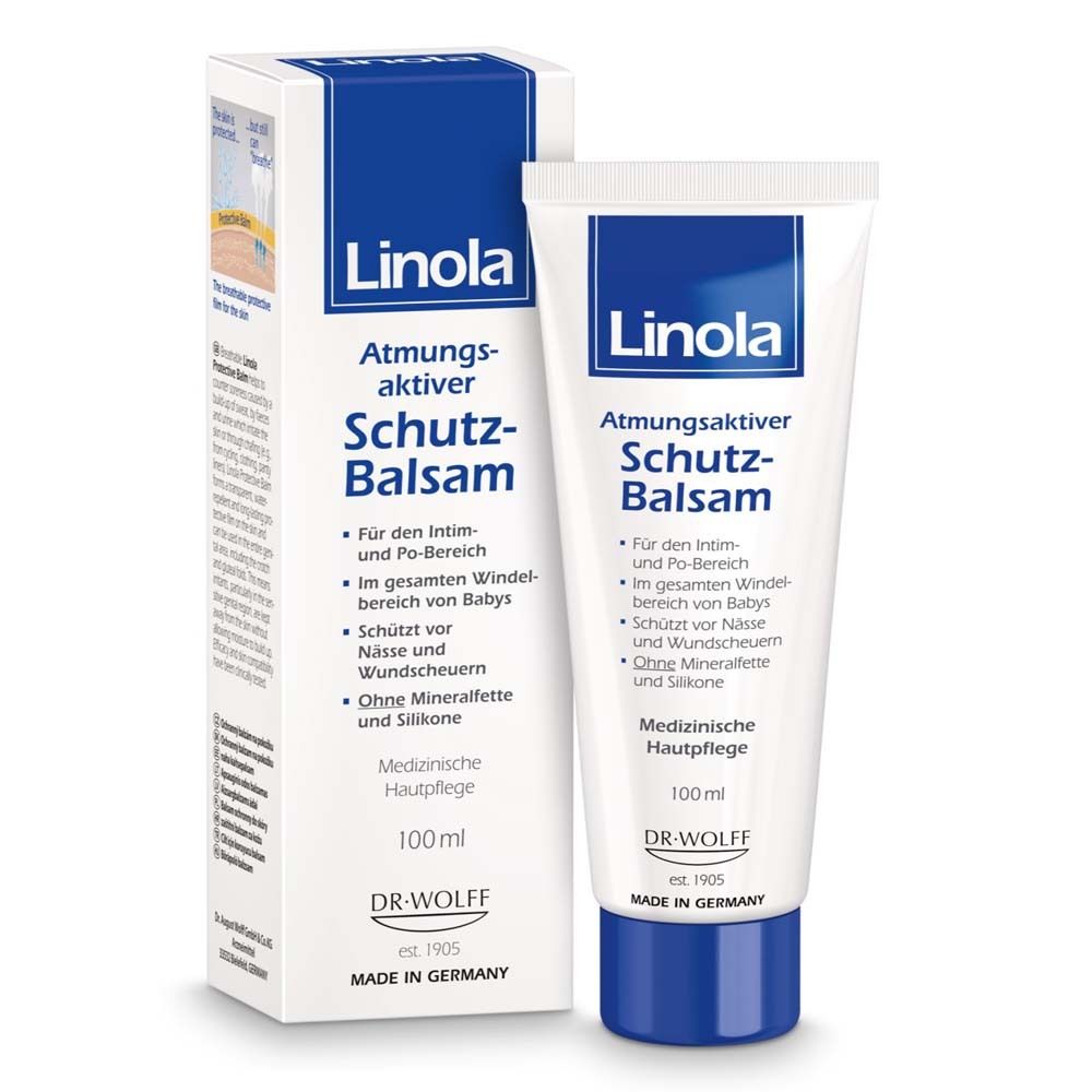 Linola Beschermende balsem en verpakking. Tube en doos met productinformatie. Medische huidverzorging.