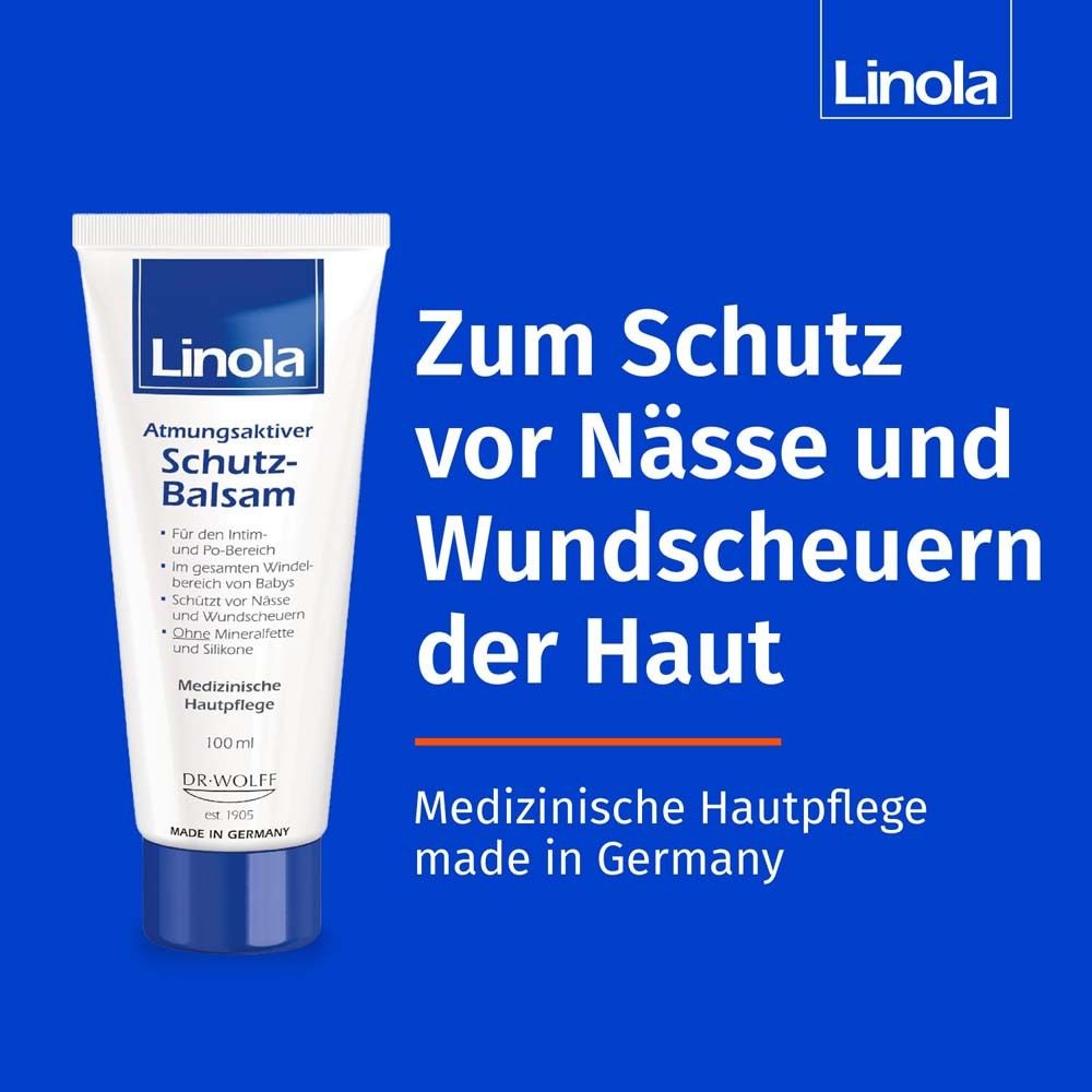 Linola Beschermende balsem tube op blauwe achtergrond. Tekst: Bescherming tegen vocht en schuren. Medische huidverzorging.