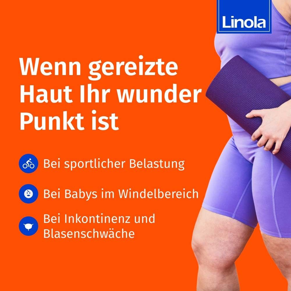 Vrouw met yogamat. Tekst: Als geïrriteerde huid uw zwakke plek is. Bij sport, baby's, incontinentie.