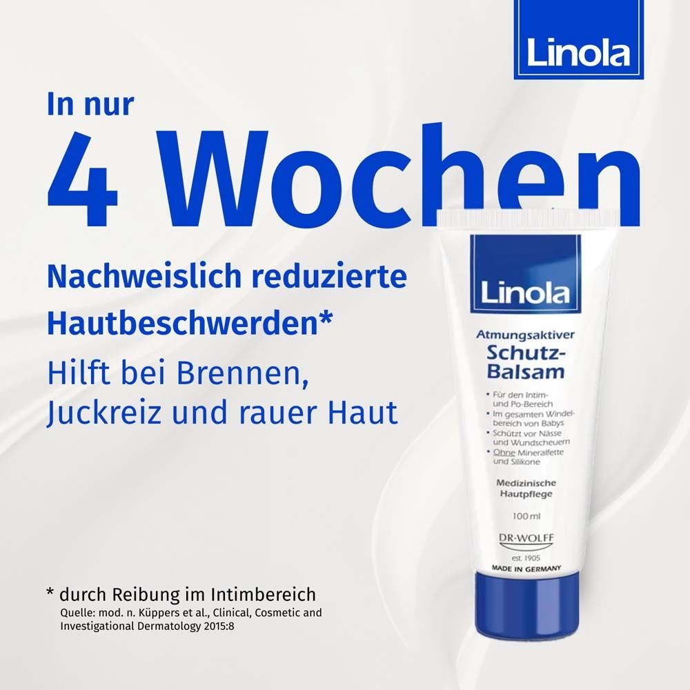 Linola Beschermende balsem tube. Tekst: In slechts 4 weken aantoonbaar minder huidklachten. Helpt bij branderigheid, jeuk.