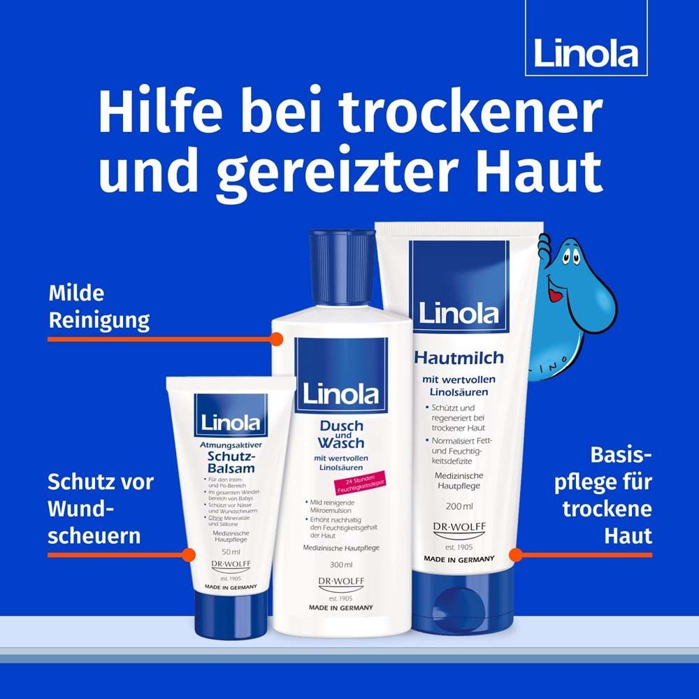 Drie producten: Linola Beschermende balsem, douchegel, huidmelk. Hulp bij droge en geïrriteerde huid. Milde reiniging.