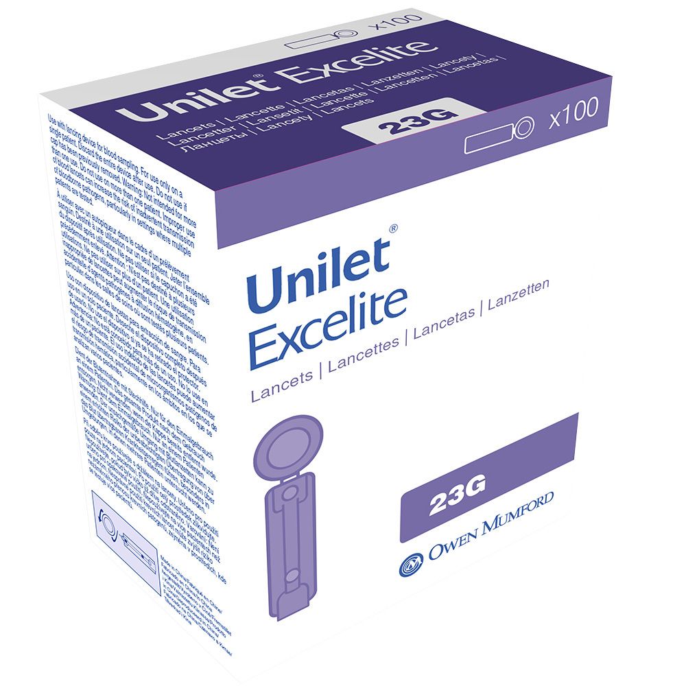 Boîte de lancettes Unilet Excelite. Nom du produit, 23G et x100. Illustration d'une lancette.
