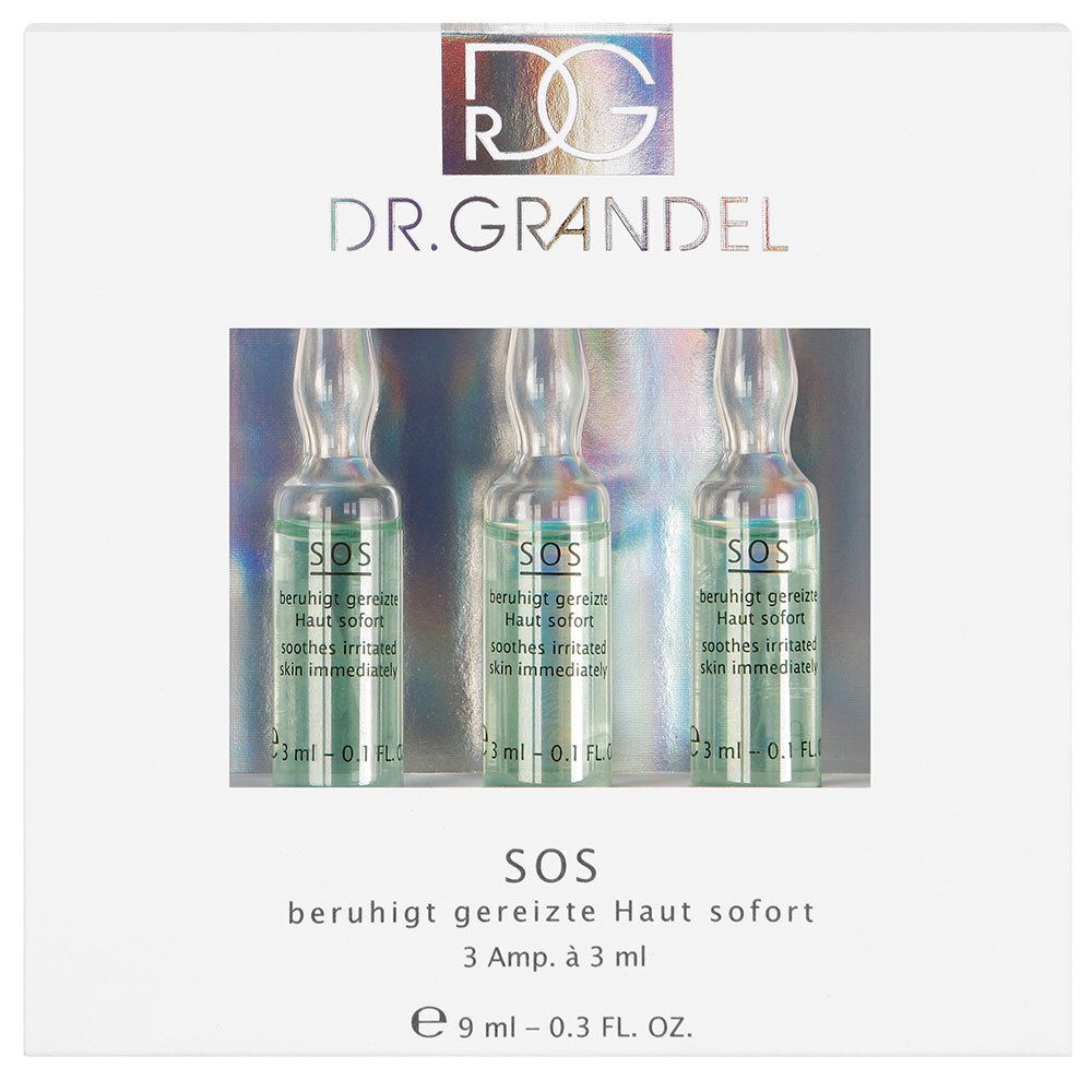 Boîte blanche avec trois ampoules. Inscription: DR. GRANDEL, SOS, apaise immédiatement la peau irritée. 3 ampoules de 3 ml.