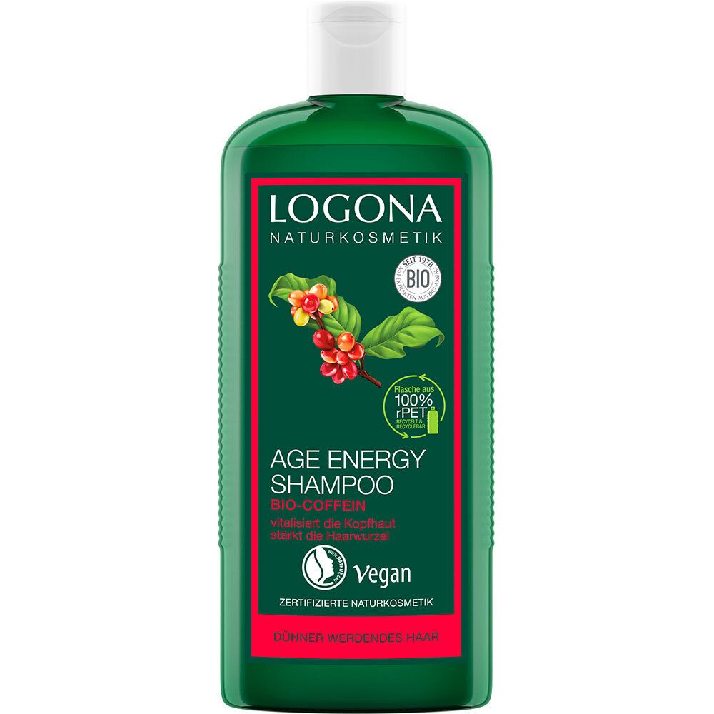 Flacon de shampooing vert avec bouchon blanc. Logo et nom du produit : LOGONA Age Energy Shampoo Bio-Coffein. Label Vegan.