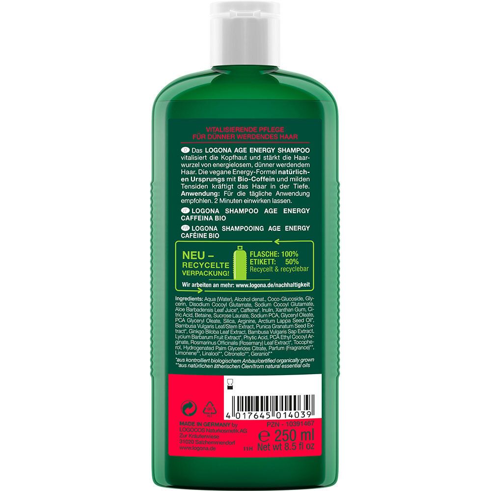 Dos du flacon de shampooing vert. Texte avec ingrédients et informations sur l'emballage recyclé. Code EAN et volume.