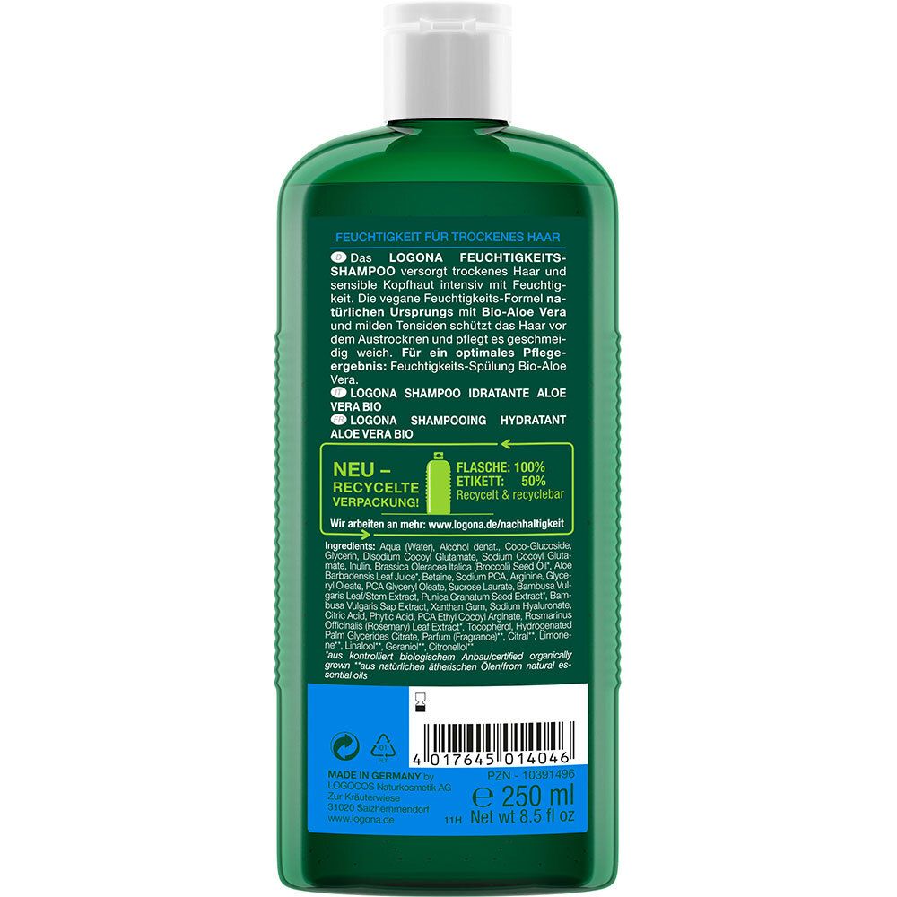 Achterkant van de groene fles. Tekst: Vocht voor droog haar. Ingrediënten, recyclinginstructies, fabrikantinformatie.