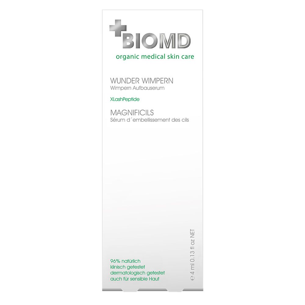 Verpakking BIOMD Wunder Wimpern Aufbauserum. Wit, met productnaam en informatie. 4 ml.