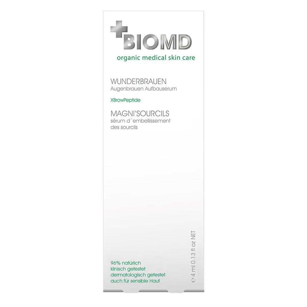 Witte verpakking met productinformatie. BIOMD-logo, productnaam, ingrediënten en certificeringen.