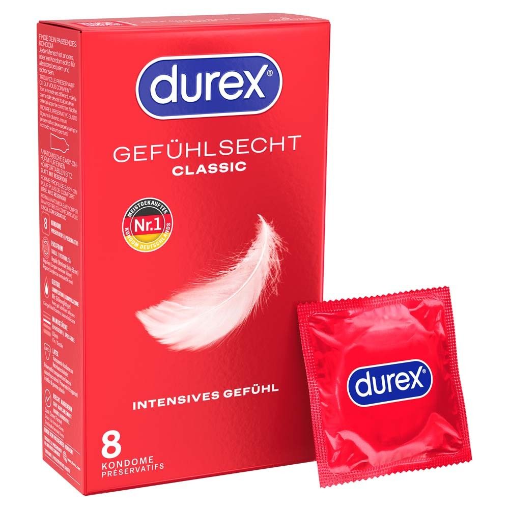 Boîte de préservatifs Durex Gefühlsecht Classic (8 unités) avec un préservatif emballé individuellement.