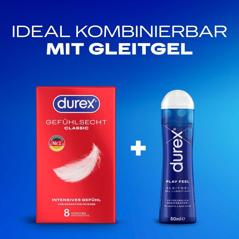 Préservatifs Durex Gefühlsecht Classic (8 unités) à côté de Durex Play Feel Gel lubrifiant (50ml).