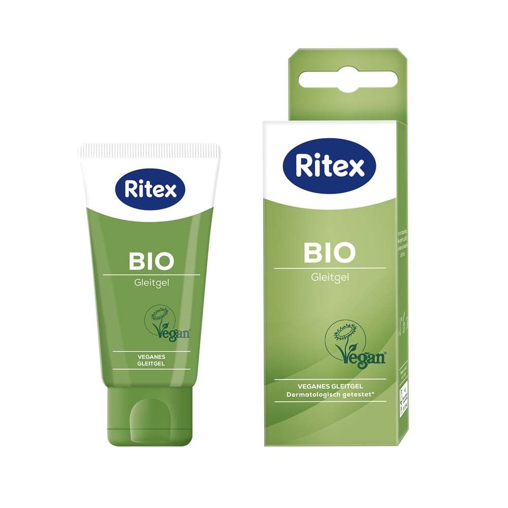 Tube et emballage. Tube : Ritex, BIO Gleitgel, label Vegan. Emballage : Ritex, BIO Gleitgel, label Vegan.