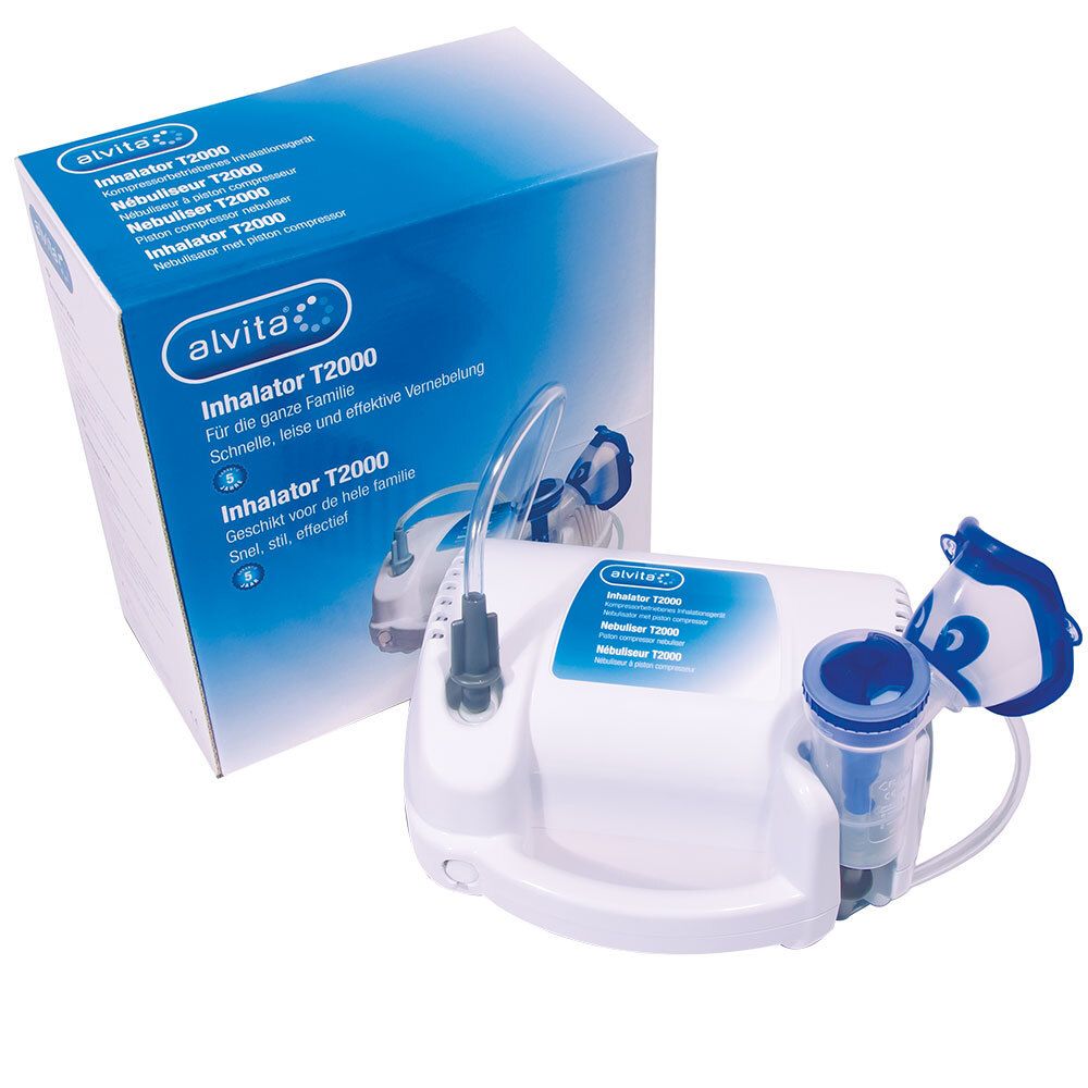 Inhalator T2000 met verpakking. Wit-blauwe basis, masker, slang. Blauwe verpakking met productnaam en logo.