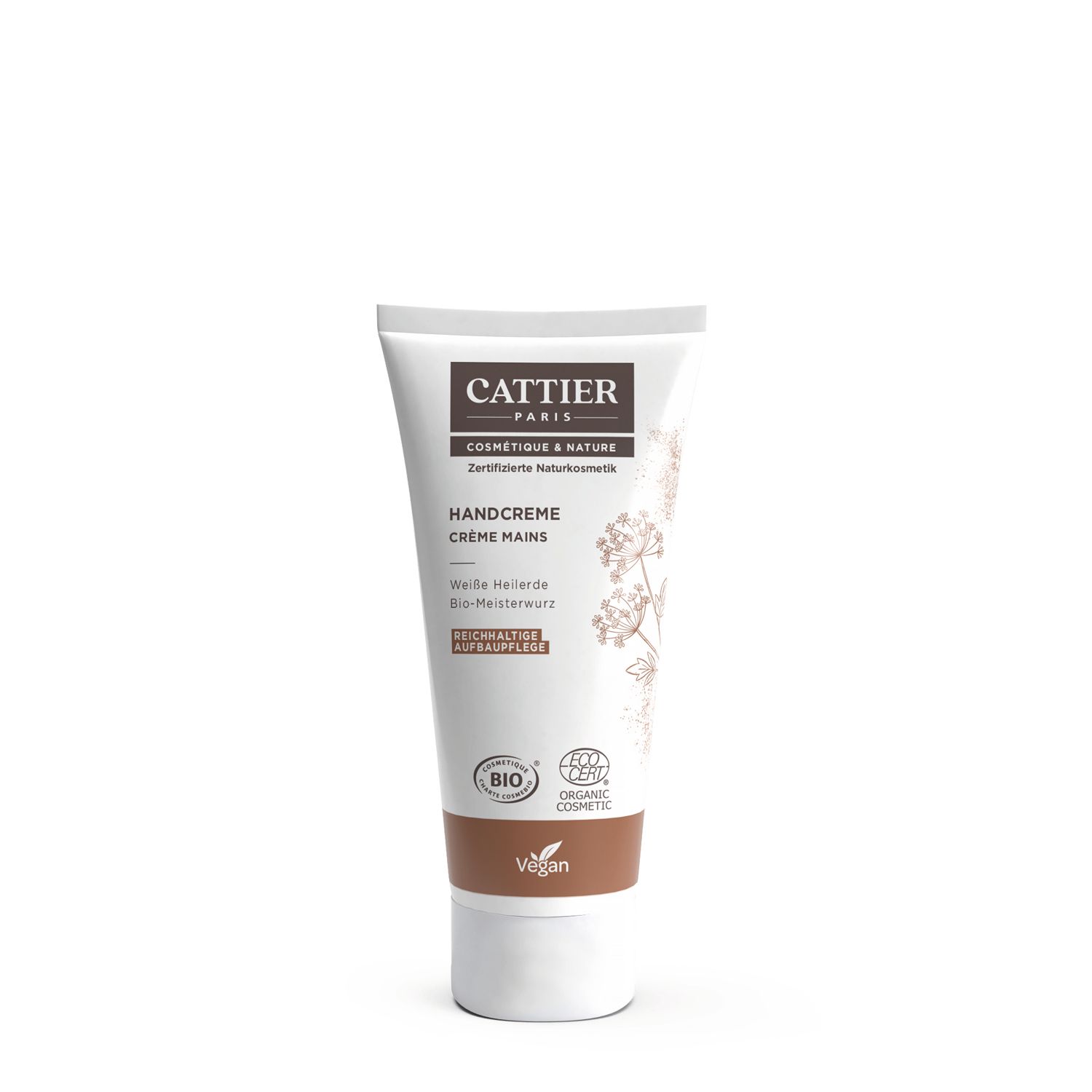 Cattier handcrèmetube. Wit, bruin en wit. Handcrèmetekst. Biologische certificering. Veganistisch.