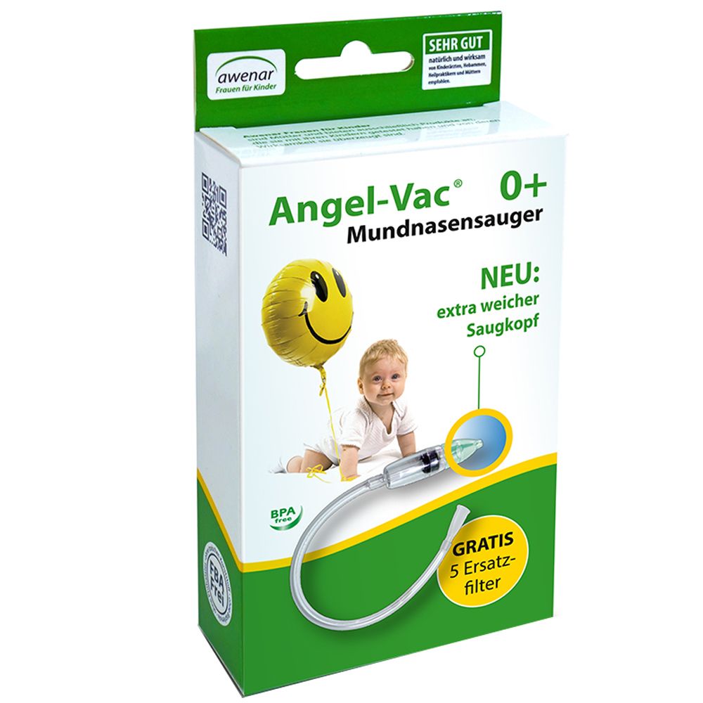 Verpakking van Angel-Vac® Mundnasensauger. Bevat een neuszuiger, reservefilters en een baby-illustratie. Tekst: "extra weicher Saukopf".