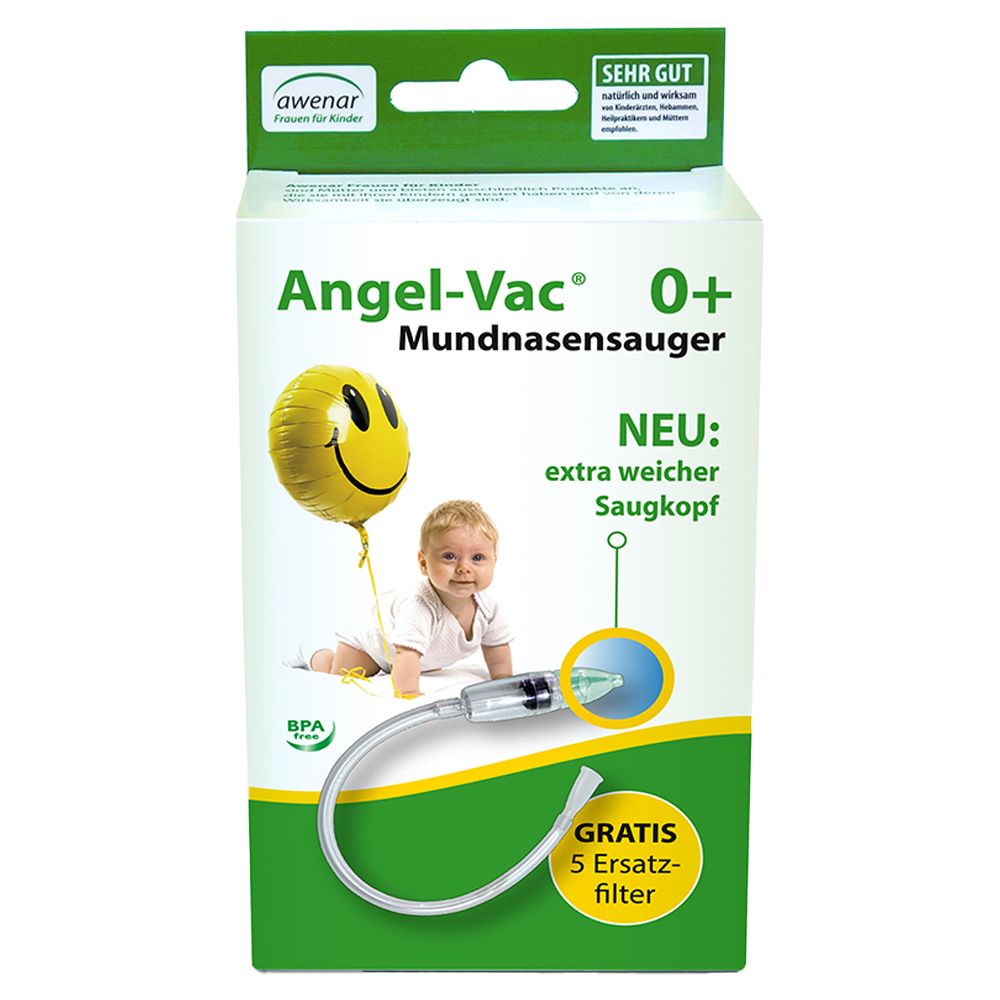 Verpakking van Angel-Vac® Mundnasensauger. Product en baby-illustratie. Tekst: "extra weicher Saukopf" en "GRATIS 5 Ersatzfilter".
