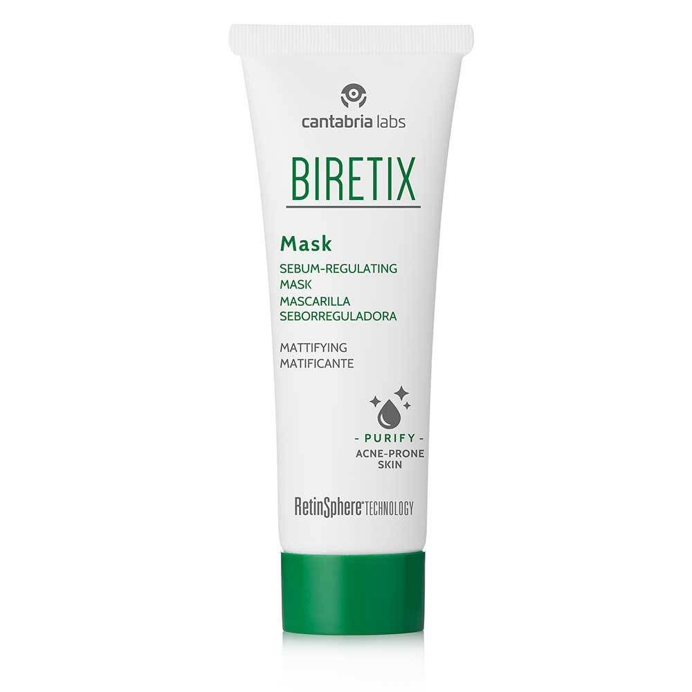 BIRETIX Mask tube. Groene dop. Tekst: Sebum-Regulating Mask, Mattifying. Voor acne-gevoelige huid.