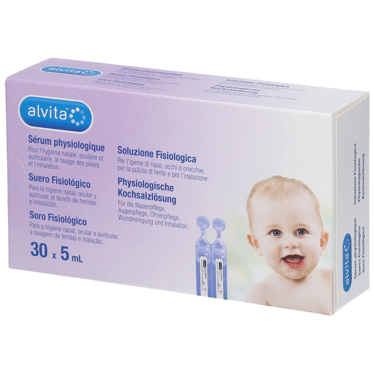 Boîte "alvita" avec texte. Contient des ampoules de solution saline physiologique. Illustration d'un bébé.