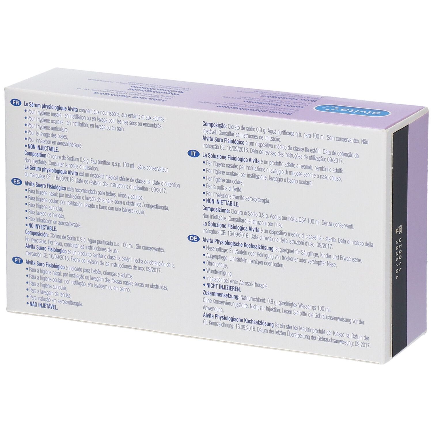 Dos de la boîte avec informations produit multilingues. Contient du texte et des logos.